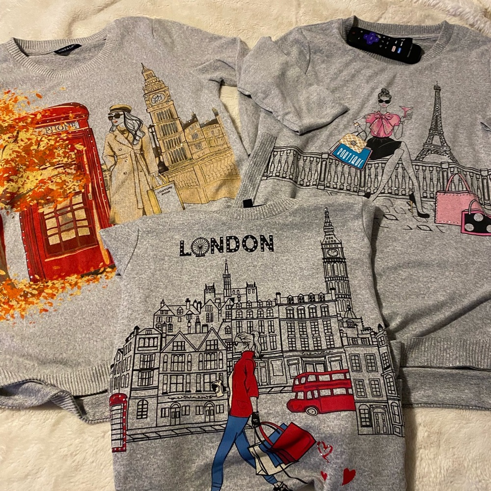 Gray London and Paris Themed Sweaters
